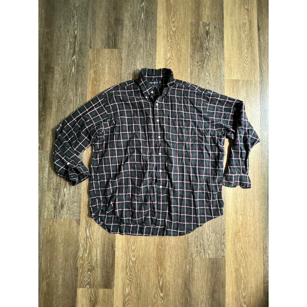 Ralph Lauren Big Shirt Mens XL Blue Green Excellent Plaid Cotton Button Down